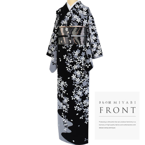 訪問着 リサイクル 身丈152.8cm 裄62.8cm 袷 桜柄 ブラック Sサイズ セミフォーマル お洒落 落款 しつけ糸 正絹 広衿 Sランク