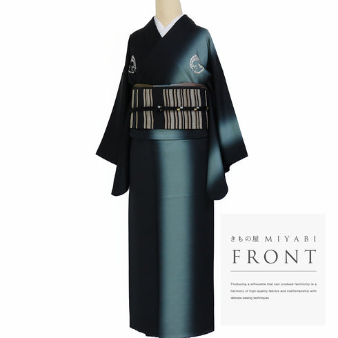 訪問着 リサイクル 身丈159cm 裄64.4cm 袷 縦ぼかし柄 パールトーン加工 ブラック Mサイズ セミフォーマル お洒落 五つ紋 正絹 広衿 Sランク