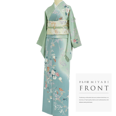 訪問着 リサイクル 身丈158cm 裄64.6cm 袷 花や木や鳥柄 松彩 グリーン Mサイズ フォーマル セミフォーマル 落款 正絹 広衿 Aランク