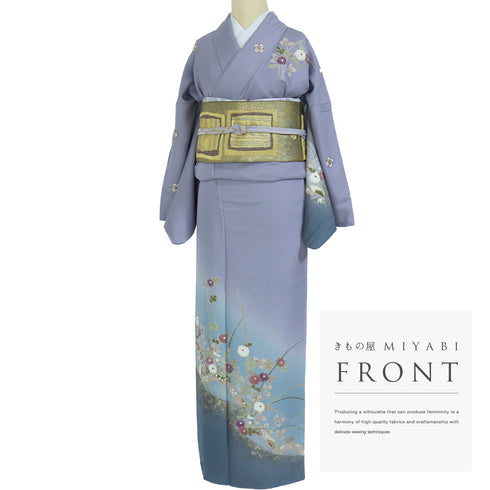 訪問着 身丈164.7cm 裄68.8cm 袷 源氏車に菊柄 千地泰弘 パープル Lサイズ お洒落 落款 正絹 広衿 Sランク