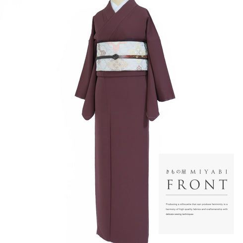 色無地 リサイクル 身丈158.3cm 裄65.8cm 袷 パープル Mサイズ セミフォーマル 落款 一つ紋 しつけ糸 正絹 広衿 地紋なし Sランク