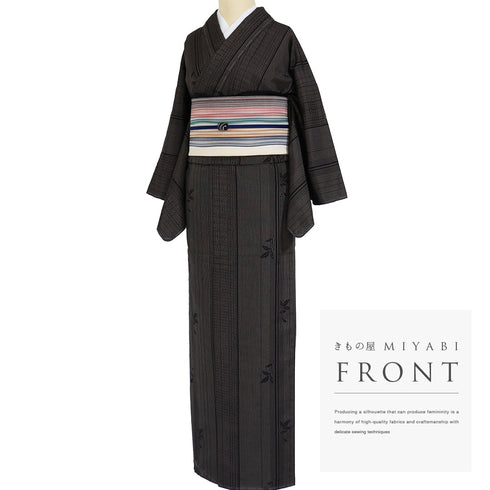 紬 リサイクル 身丈151.8cm 裄63cm 袷 柿渋染 汕頭刺繍 縞模様 枝葉柄 ブラック Sサイズ お洒落 証紙 しつけ糸 正絹 広衿 Sランク