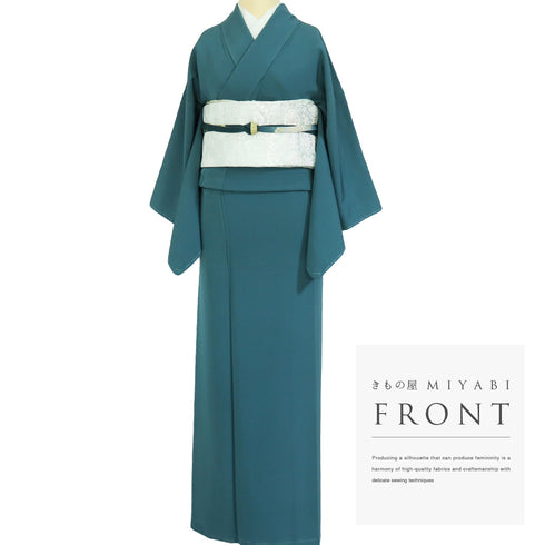 色無地 リサイクル 身丈158cm 裄62.8cm 袷 花井幸子の色 グリーン Mサイズ セミフォーマル 落款 一つ紋 しつけ糸 正絹 広衿 地紋なし Sランク