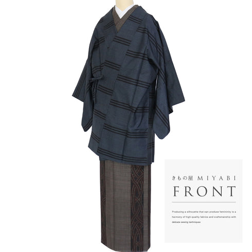 道中着 リサイクル 身丈92cm 裄65.6cm 袷 紬 横縞柄 ネイビー Mサイズ お洒落 カジュアル 正絹 Sランク