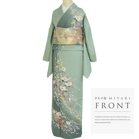 付下げ 身丈169.3cm 裄68cm 袷 椿柄 箔 グリーン LLサイズ セミフォーマル お洒落 正絹 広衿 Sランク