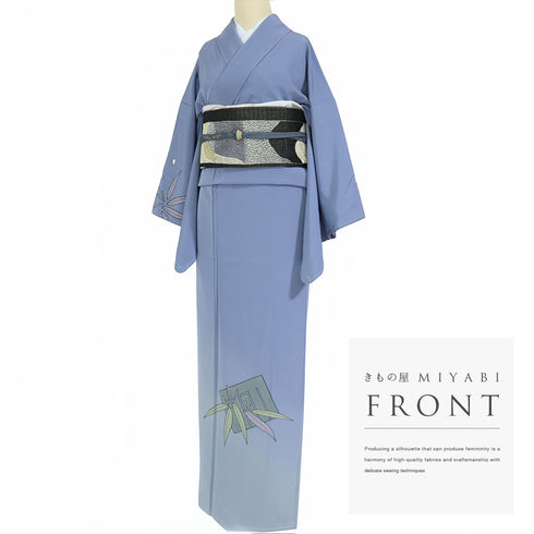 訪問着 リサイクル 身丈163.8cm 裄66.2cm 袷 源氏香 竹柄 夢や ゆったりサイズ ブルー Lサイズ お洒落 セミフォーマル 落款 しつけ糸 正絹 広衿 Sランク