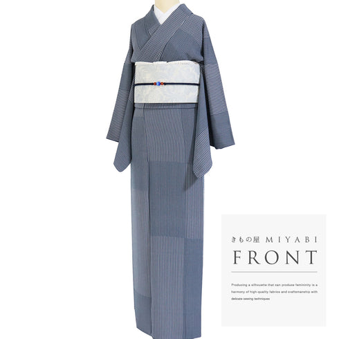 小紋 リサイクル 身丈160.5cm 裄66.8cm 袷 デザイン縞柄 ブルー Lサイズ お洒落 カジュアル 正絹 広衿 Sランク