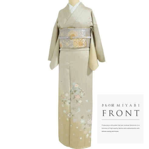 訪問着 リサイクル 身丈159.8cm 裄64.4cm 袷 地紙 草花柄 蝶柄 彩色 汕頭刺繍 ベージュ Mサイズ セミフォーマル お洒落 正絹 広衿 Aランク