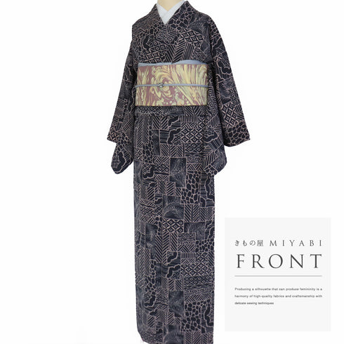 小紋 リサイクル 身丈160.6cm 裄65.2cm 袷 裂取り柄 ネイビー Lサイズ お洒落 カジュアル 正絹 広衿 Aランク