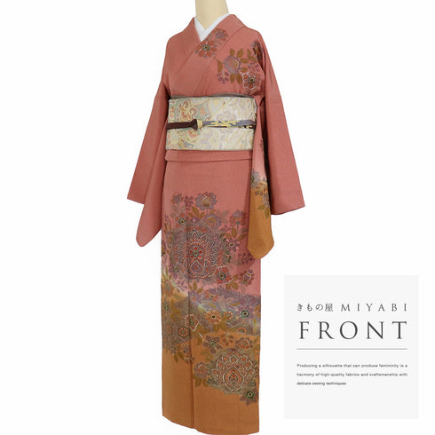 訪問着 リサイクル 身丈168.5cm 裄69.2cm 袷 華唐草柄 汕頭刺繍 オレンジ LLサイズ セミフォーマル 正絹 広衿 Sランク