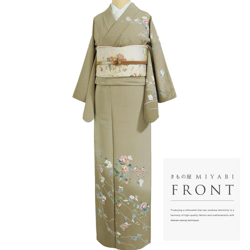 訪問着 リサイクル 身丈159cm 裄64.2cm 袷 椿や童模様 ミシン刺繍 ベージュ Mサイズ フォーマル セミフォーマル 一つ紋 正絹 広衿 Sランク