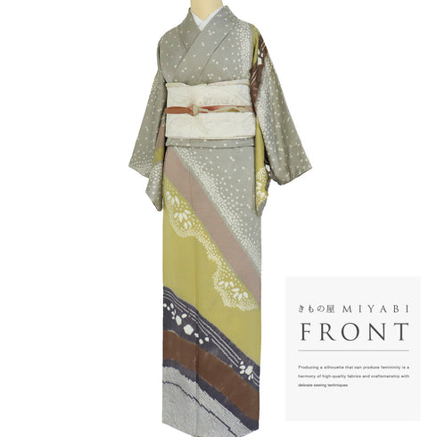 訪問着 リサイクル 身丈153.3cm 裄62.4cm 袷 絞り 斜縞模様 染め分け柄 地紋 グレー Sサイズ お洒落 正絹 広衿 Sランク