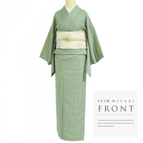 小紋 リサイクル 身丈153cm 裄62.6cm 袷 市松石畳柄 地紋 江戸小紋 グリーン Sサイズ お洒落 正絹 広衿 Sランク