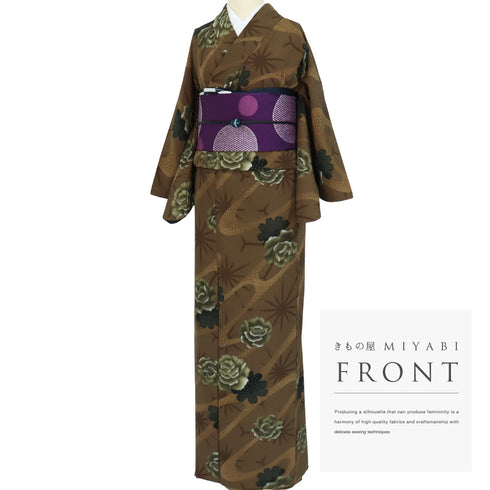 小紋 リサイクル 身丈163.5cm 裄65.6cm 袷 麻の葉に花模様 ブラウン Lサイズ お洒落 カジュアル ポリエステル 洗える着物 広衿 Sランク