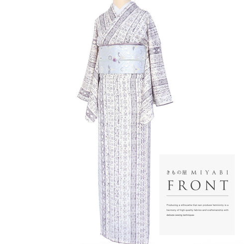 小紋 リサイクル 身丈161.5cm 裄67.6cm 袷 デザイン縦縞柄 地紋 アイボリー Lサイズ お洒落 カジュアル 正絹 広衿 Sランク