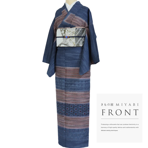 訪問着 リサイクル 身丈156.4cm 裄67cm 袷 紬 段染縞格子にデザイン花柄 染め ブルー Mサイズ お洒落 正絹 広衿 Aランク