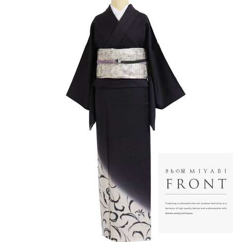 リサイクル 身丈165cm 裄65.5cm 袷 金彩 花唐草模様 ネイビー Lサイズ お洒落 セミフォーマル 正絹 広衿 Sランク