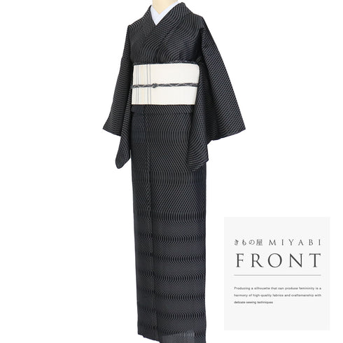 小紋 リサイクル 夏着物 身丈160.5cm 裄62.4cm 夏物 曲線柄 ブラック Lサイズ カジュアル お洒落 不明 広衿 Sランク