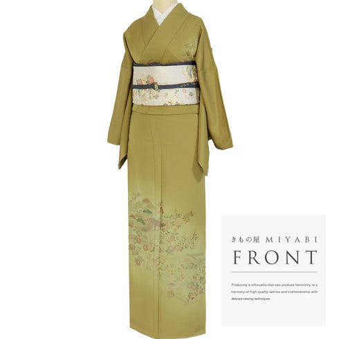 訪問着 リサイクル 身丈168.2cm 裄68cm 袷 風景柄 草花柄 汕頭刺繍 グリーン LLサイズ セミフォーマル お洒落 正絹 広衿 Sランク