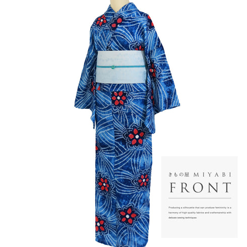 浴衣 リサイクル 夏着物 身丈156.8cm 裄66.5cm 夏物 絞り 花柄 ブルー Mサイズ カジュアル 木綿 洗える着物 バチ衿 Aランク