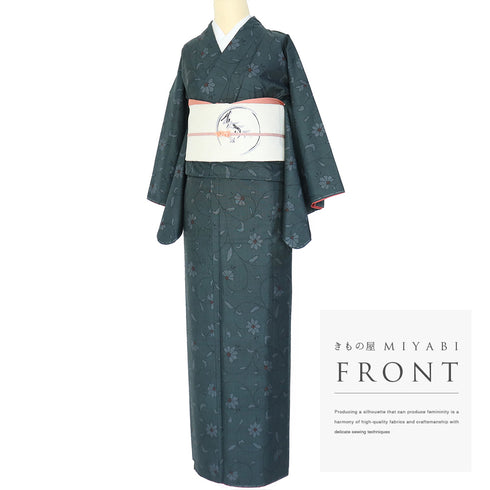 大島紬 リサイクル 身丈155.7cm 裄64.6cm 袷 花唐草模様 ネイビー Mサイズ カジュアル お洒落 証紙 正絹 広衿 Sランク