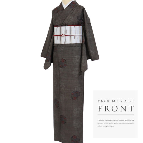 紬 リサイクル 身丈167.5cm 裄66cm 袷 花丸柄 ブラウン LLサイズ カジュアル お洒落 正絹 広衿 Aランク