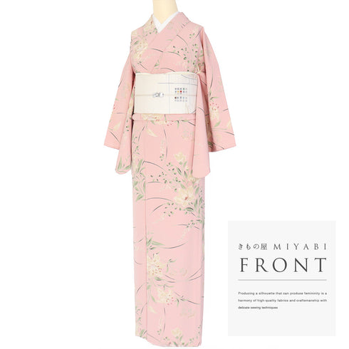 小紋 リサイクル 身丈168cm 裄65.5cm 単衣 百合柄 ピンク LLサイズ カジュアル ポリエステル 洗える着物 広衿 Aランク