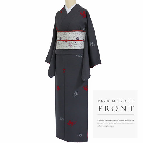 小紋 リサイクル 身丈161cm 裄65.6cm 袷 花柄 パールトーン加工 グレー Lサイズ カジュアル お洒落 しつけ糸 正絹 バチ衿 Sランク