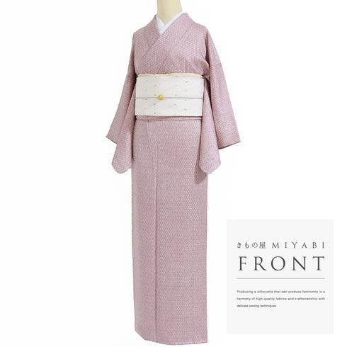 小紋 リサイクル 身丈155.8cm 裄62.4cm 袷 地紋 菱柄 ピンク Mサイズ お洒落 カジュアル 正絹 広衿 Sランク