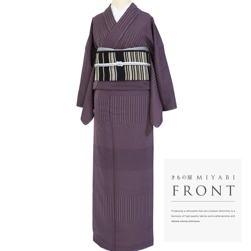 小紋 リサイクル 身丈157.5cm 裄66.8cm 袷 横段柄 パープル Mサイズ お洒落 しつけ糸 正絹 広衿 Bランク