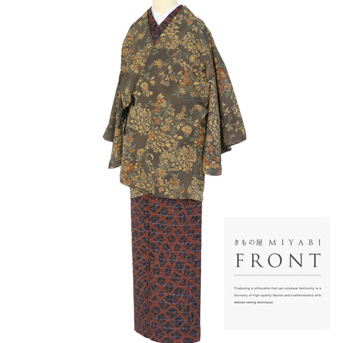 道中着 リサイクル 身丈82.5cm 裄64.8cm 袷 草花柄 多色 Mサイズ お洒落 ポリエステル 洗える着物 Sランク