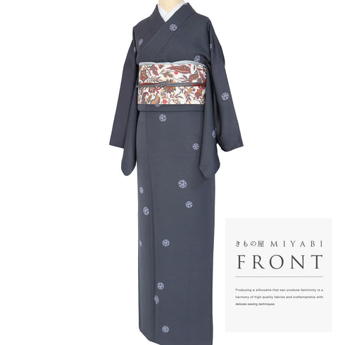 小紋 リサイクル 身丈164.5cm 裄68.4cm 袷 唐草地紋柄 五代 板東八十助 ネイビー Lサイズ お洒落 正絹 広衿 Aランク