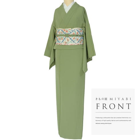 色無地 リサイクル 身丈159.8cm 裄64.4cm 袷 グリーン Mサイズ セミフォーマル 一つ紋 しつけ糸 正絹 広衿 Sランク