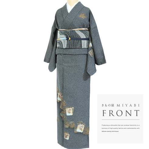 付下げ リサイクル 身丈159.5cm 裄66.4cm 袷 ゆったりサイズ 色紙模様 花柄 刺繍 箔加工 グレー Mサイズ セミフォーマル お洒落 しつけ糸 正絹 広衿 Sランク