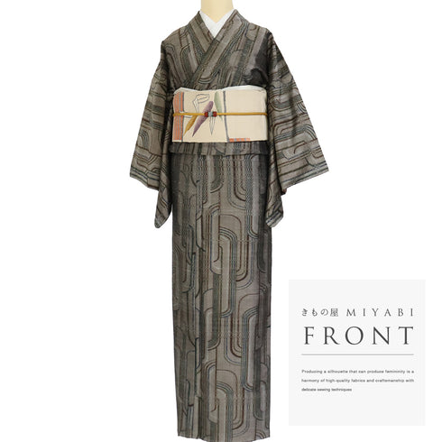 紬 リサイクル 身丈158cm 裄64cm 袷 幾何学模様 パールトーン加工 ブラウン Mサイズ お洒落 カジュアル しつけ糸 正絹 広衿 Sランク