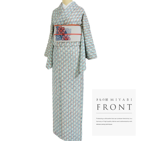 小紋 リサイクル 身丈166.7cm 裄65.6cm 袷 総絞り 麻の葉模様 ブルー LLサイズ お洒落 カジュアル 正絹 広衿 Sランク