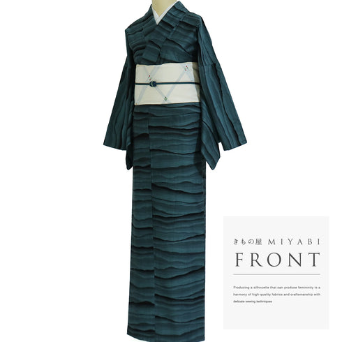 紬 リサイクル 身丈163.7cm 裄69.8cm 袷 一蔵プレミアム10加工 雲海模様 グリーン Lサイズ カジュアル お洒落 正絹 広衿 Sランク