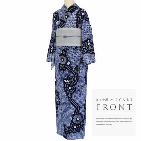 浴衣 リサイクル 夏着物 身丈150.5cm 裄66.4cm 夏物 絞り 花柄 ネイビー Sサイズ カジュアル お洒落 木綿 洗える着物 バチ衿 Sランク
