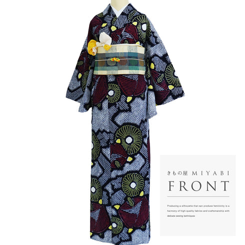 浴衣 リサイクル 夏着物 身丈155.8cm 裄66cm 夏物 絞り ジュニアサイズ ネイビー Mサイズ カジュアル 木綿 洗える着物 バチ衿 Sランク