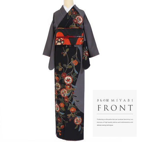 訪問着 リサイクル 身丈162.5cm 裄62cm 袷 丸に橘や菊柄 箔 金彩 ブラック Lサイズ セミフォーマル お洒落 正絹 広衿 Sランク