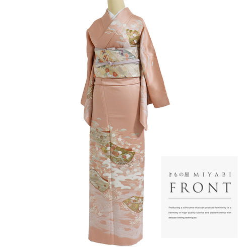 訪問着 リサイクル 身丈168.8cm 裄67.6cm 袷 花柄 金駒刺繍 ピンク LLサイズ セミフォーマル お洒落 正絹 広衿 Sランク