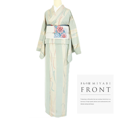 小紋 リサイクル 身丈166.2cm 裄69.8cm 袷 デザイン彩色模様 地紋 グリーン LLサイズ お洒落 カジュアル 正絹 広衿 Sランク