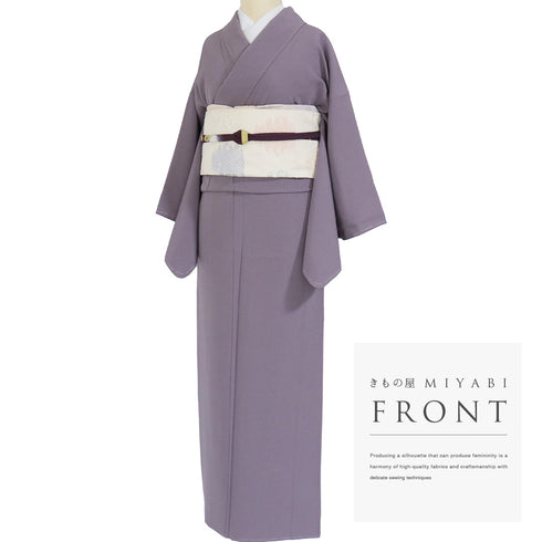 色無地 リサイクル 身丈156.5cm 裄62.6cm 袷 草木染 仕立て上がり パープル Mサイズ セミフォーマル しつけ糸 正絹 広衿 地紋なし Sランク