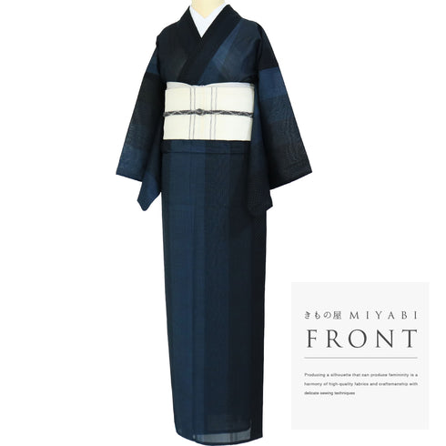 紬 リサイクル 夏着物 身丈155.5cm 裄65.2cm 夏物 夏物 絣寄せ柄に縞模様 ネイビー Mサイズ カジュアル お洒落 混合 洗える着物 広衿 Sランク