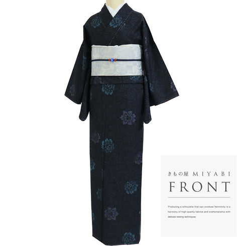 大島紬 リサイクル 身丈160.7cm 裄63.8cm 袷 花 唐草 ネイビー Lサイズ お洒落 カジュアル しつけ糸 正絹 広衿 Sランク