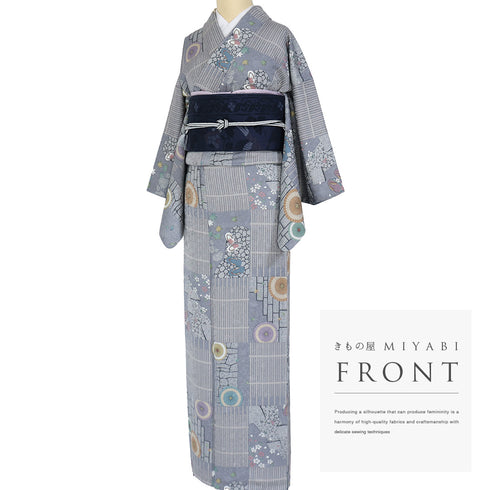 小紋 リサイクル 身丈163cm 裄62.8cm 袷 石畳に番傘や草履柄 地紋 グレー Lサイズ お洒落 カジュアル 正絹 広衿 Sランク