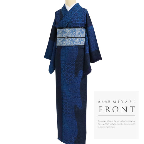 小紋 リサイクル 身丈147cm 裄62.8cm 袷 更紗柄 地紋 ブルー SSサイズ お洒落 カジュアル 正絹 広衿 Sランク