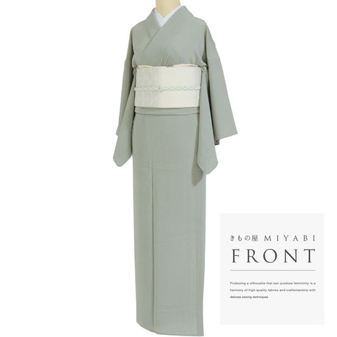 色無地 リサイクル 身丈154.5cm 裄62cm 単衣 グリーン Sサイズ セミフォーマル 落款 一つ紋 正絹 広衿 Sランク