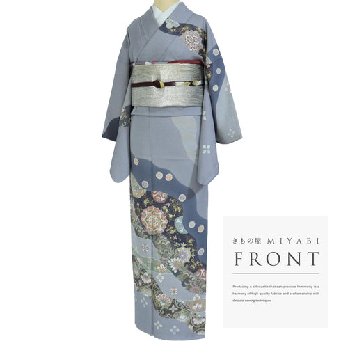 訪問着 リサイクル 身丈160.5cm 裄64.8cm 袷 華紋や花唐草柄 金駒刺繍 グレー Lサイズ フォーマル 一つ紋 正絹 広衿 Sランク