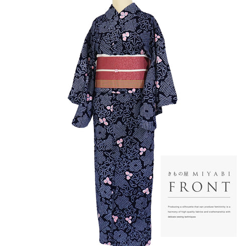 浴衣 リサイクル 夏着物 身丈145cm 裄60.8cm 夏物 ジュニアサイズ 絞り 紅葉模様 ネイビー SSサイズ カジュアル 木綿 洗える着物 バチ衿 Sランク